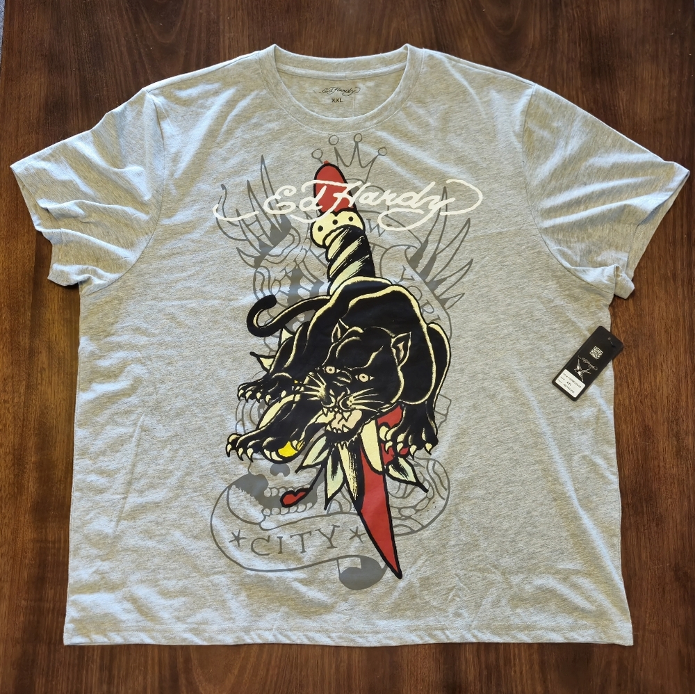NWT Ed Hardy Tattoo Panther And Dagger‎ Design Gray T-shirt Men’s Size XXL